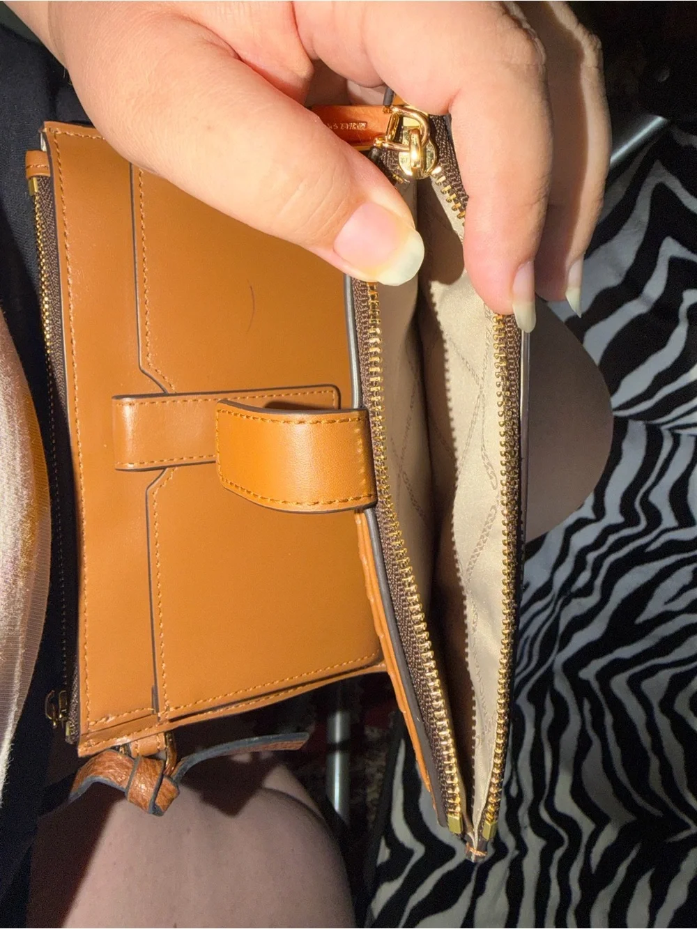 Michael Kors Brown Wristlet with Blue and Light Blue Stripes